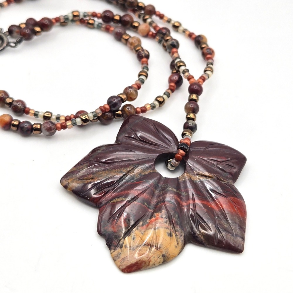 Handmade Carved Stone Leaf Pendant Necklace Earth‎ Tone Beaded Jasper 21 Inch